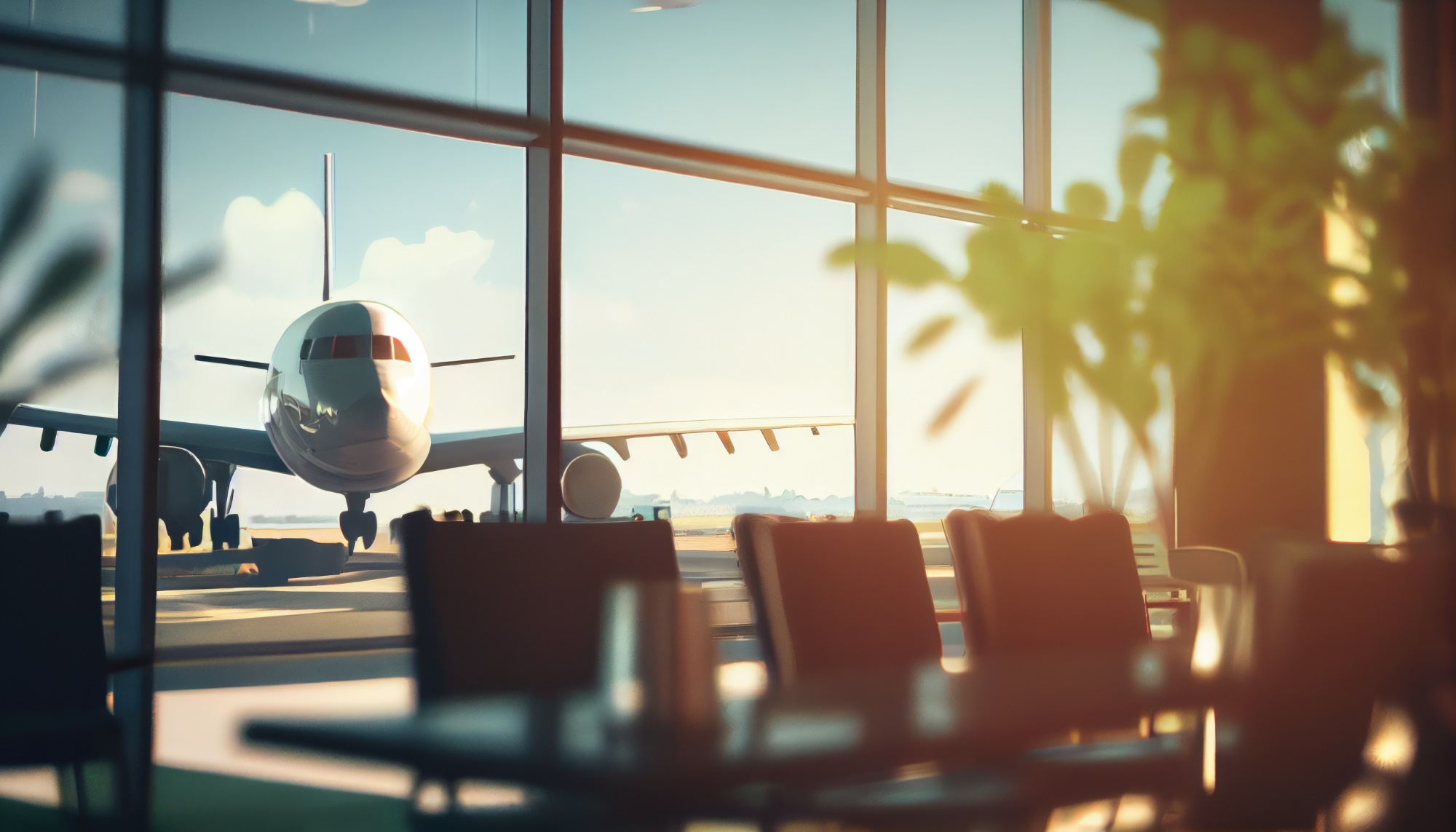 Waiting area with seats in airport terminal. Generative AI